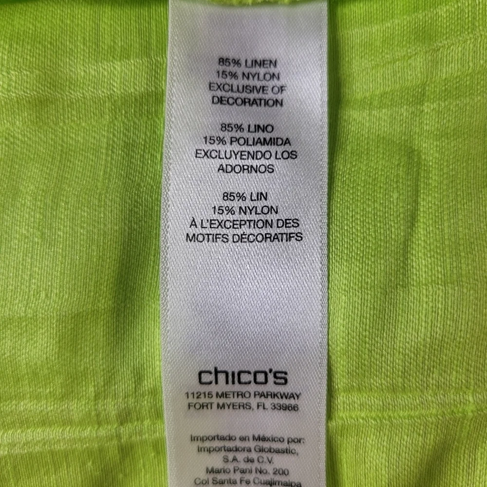 Chicos Blazer Size 0 S 4 Neon Green Open Front Embroidered Pockets Linen Blend